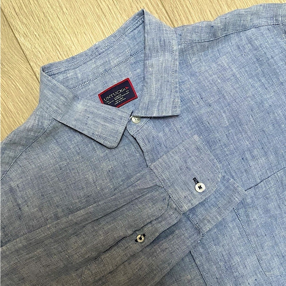 Untuckit Men's Blue 100% Linen Shirt Button Up Long Sleeve Size Large